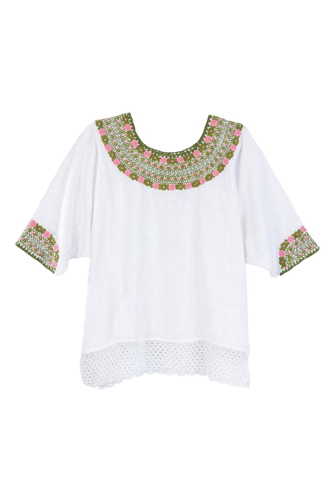 pink and green embroidered blouse with crochet