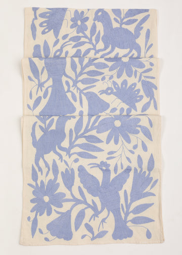 cornflower blue embroidered table runner from Mexico. Otomi 