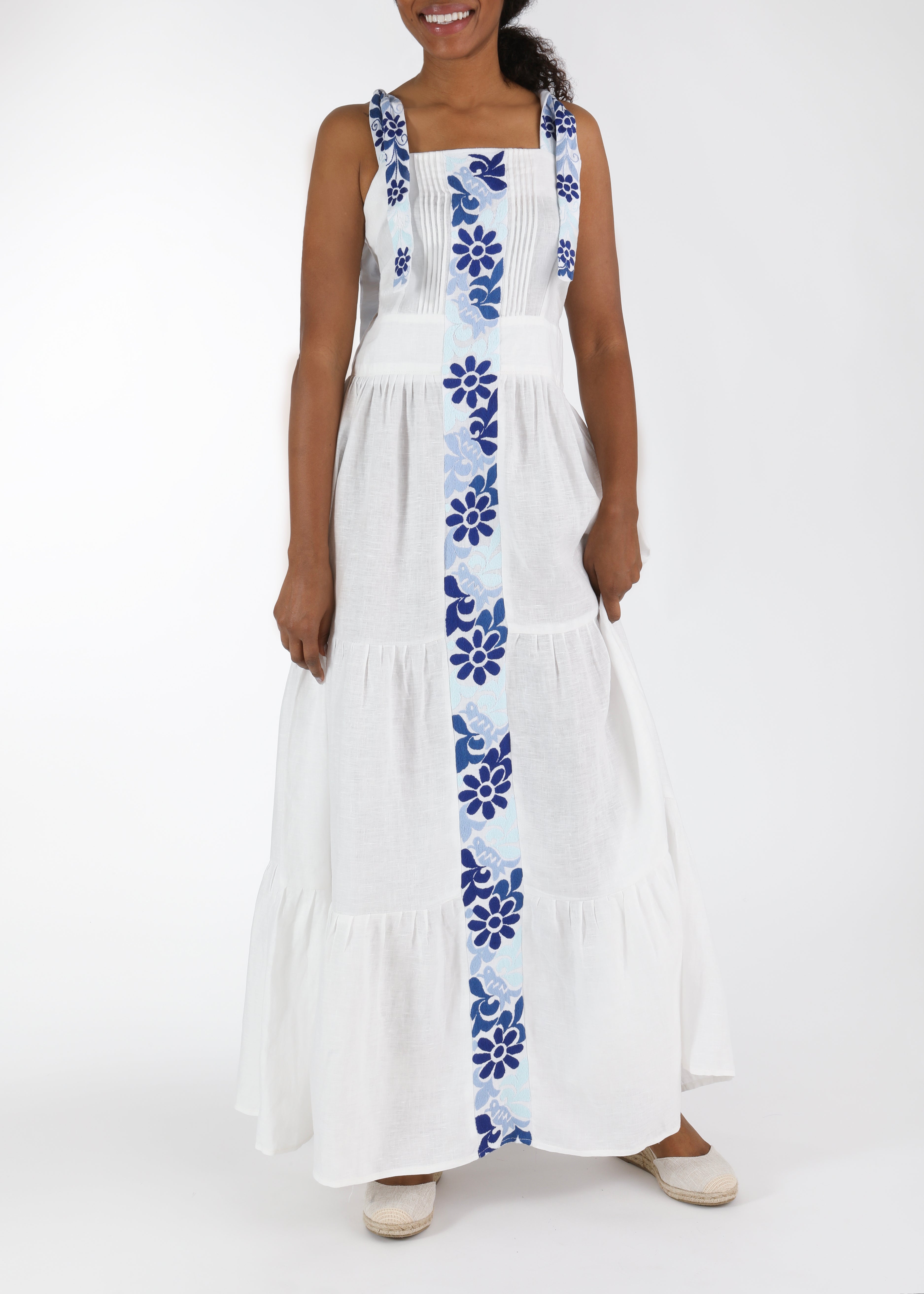 white maxi dress with blue embroidery Stephanie Embroidered Maxi Dress Blue