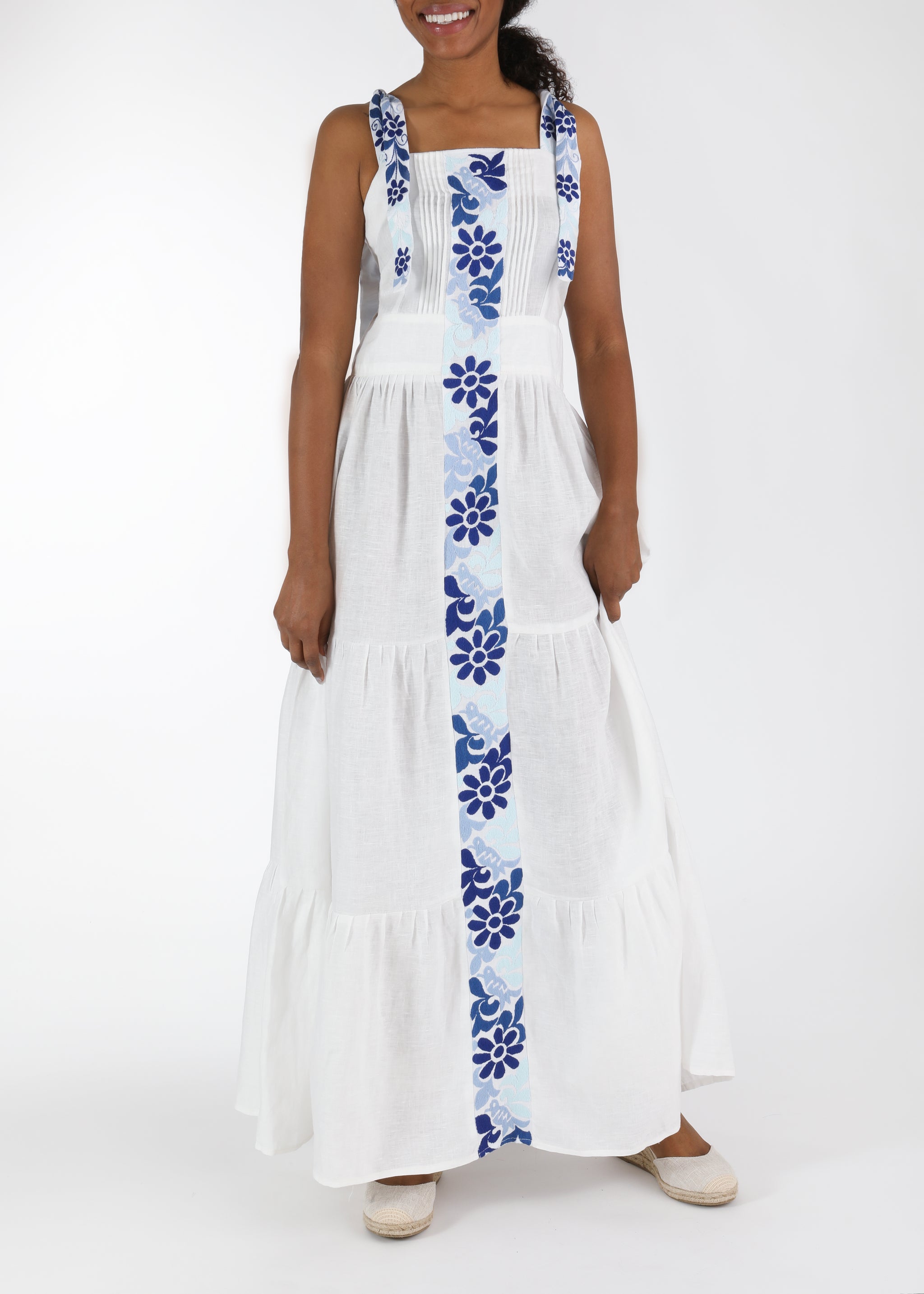 white maxi dress with blue embroidery Relev Fashion