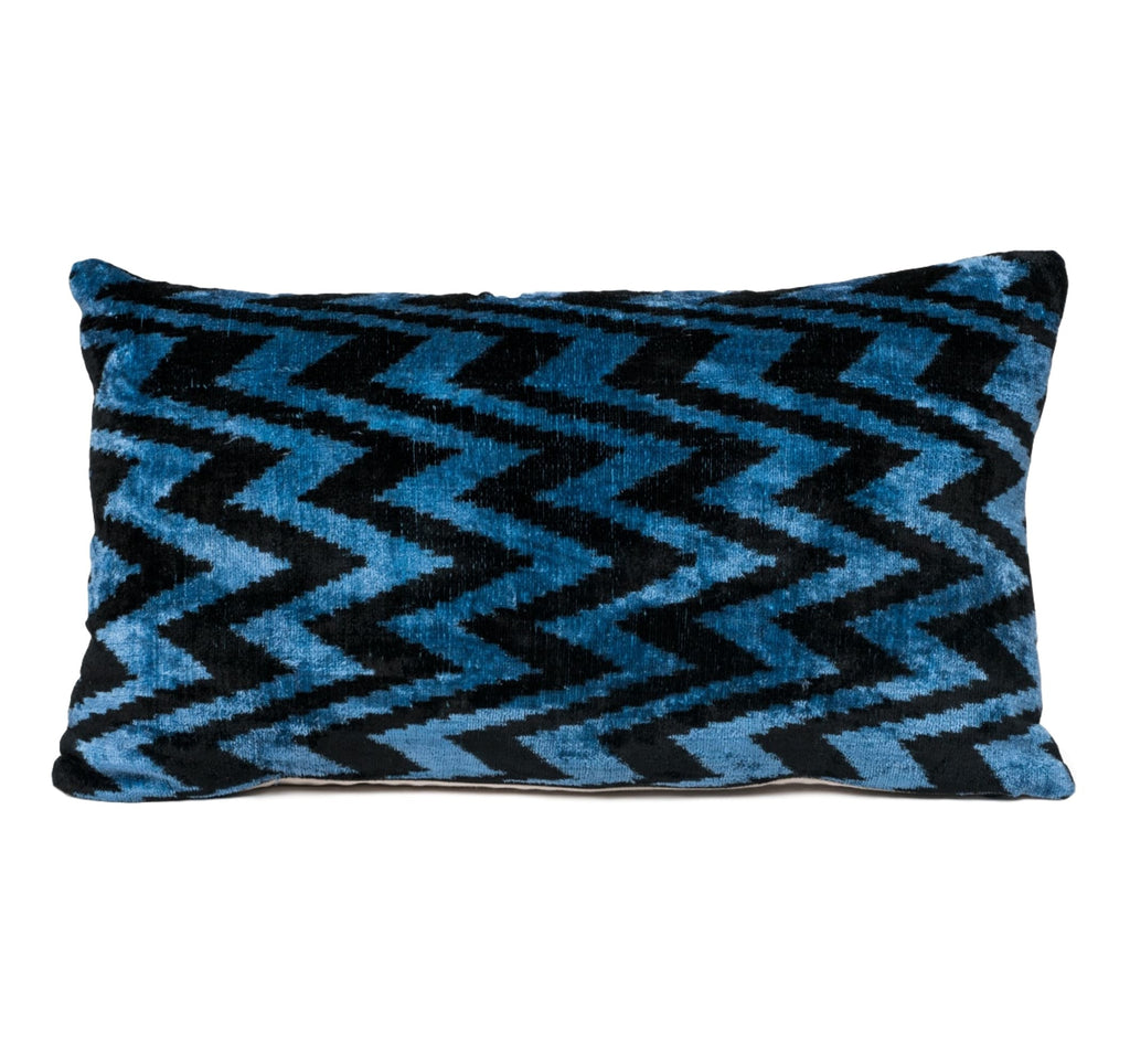 blue and black chevron pattern silk velvet ikat pillow fabric from uzbekistan, pillow hand made in USA