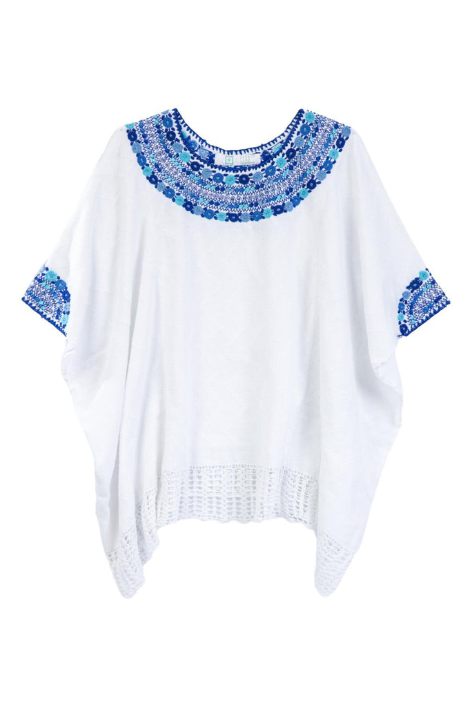 white and blue Guatemalan blouse, hand woven and embroidered tunic. Artisan chic, Bohemian elegance, fair trade and women weavers.