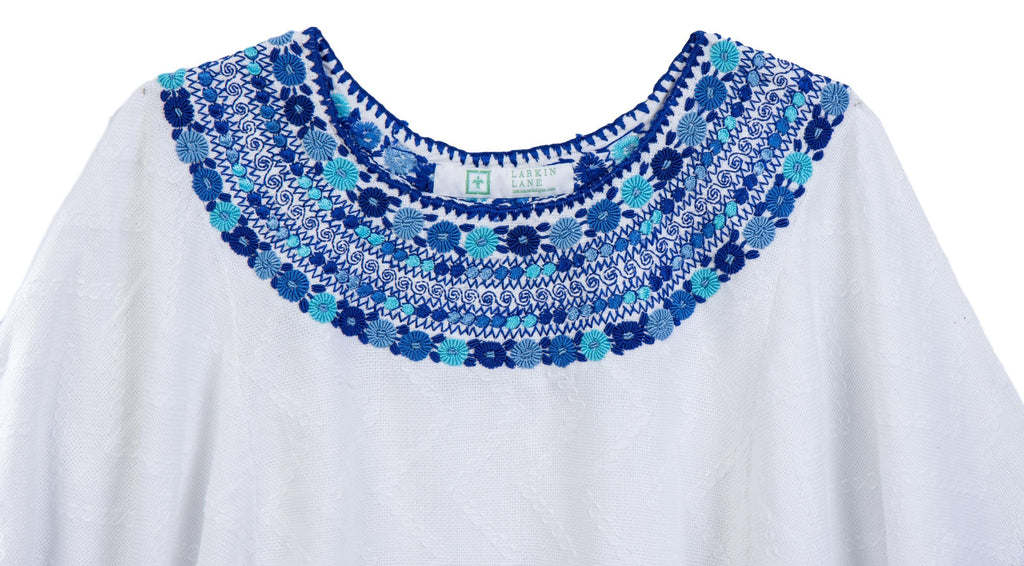 white and blue Guatemalan blouse, hand woven and embroidered tunic detail