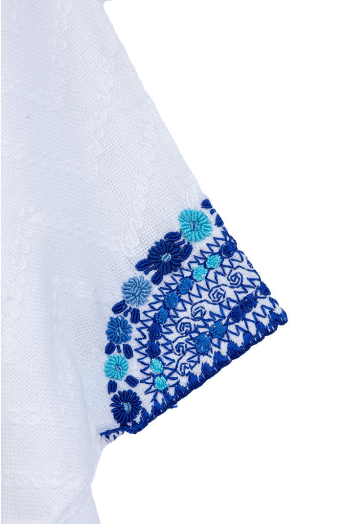 white and blue Guatemalan blouse, hand woven and embroidered tunic sleeve