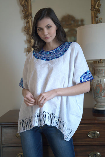 white and blue Guatemalan blouse, hand woven and embroidered blouse