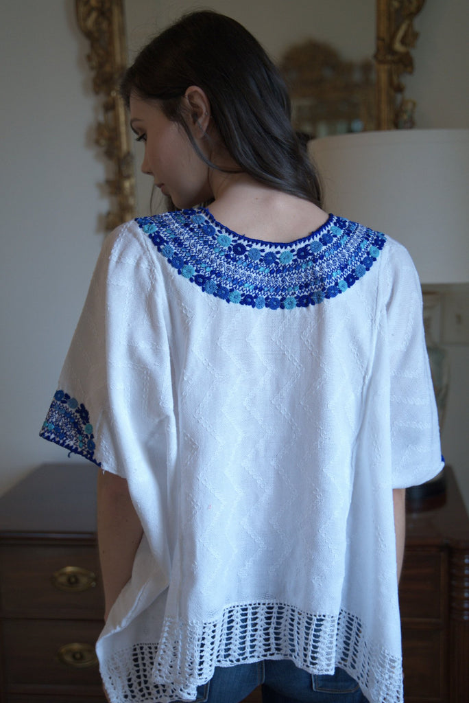 white and blue Guatemalan blouse, hand woven and embroidered tunic back