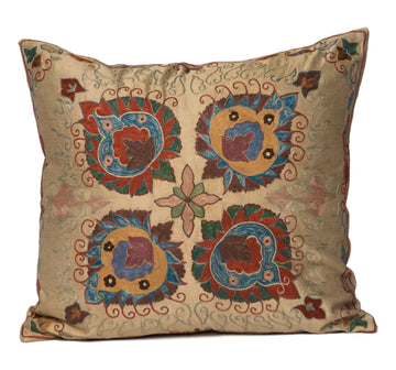 Suzani pillow, taupe, brown, blue, green, brick red