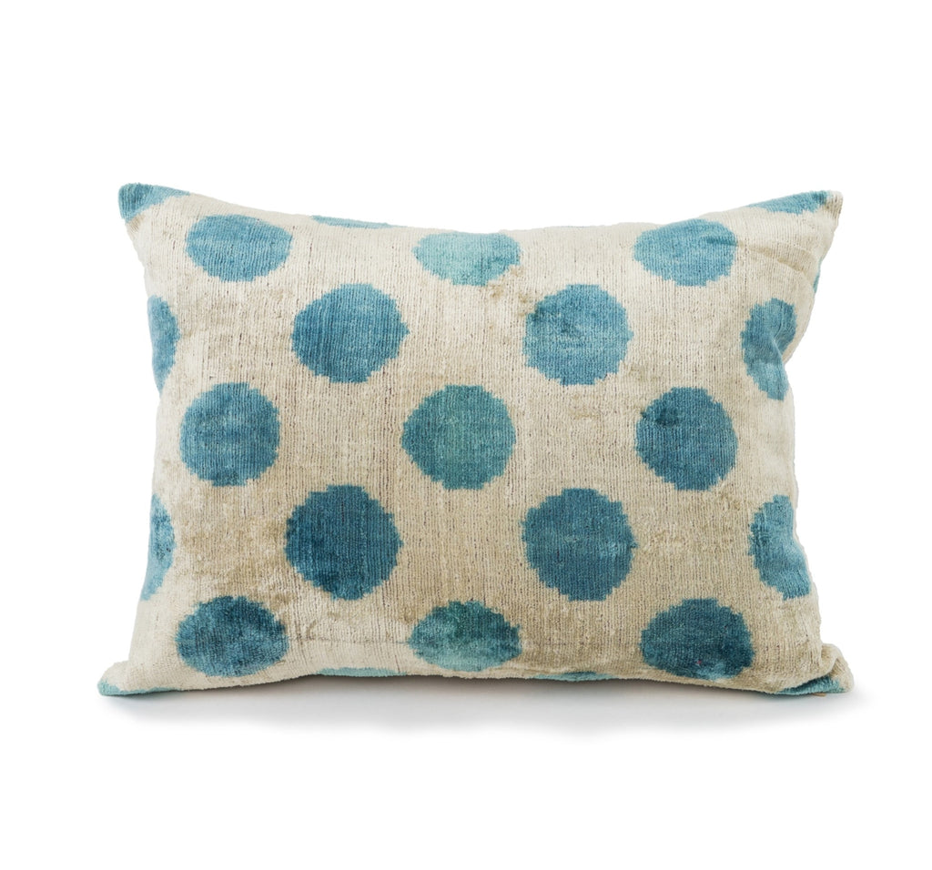 silk velvet ikat pillow in aqua blue and cream dot pattern. chic and modern yet made from a centuries old textile tradition. 