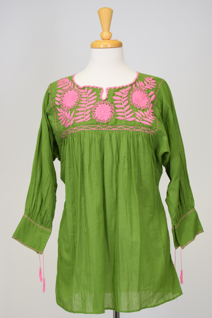hand-embroidered Mexican blouse. Spring green with pink embroidery. Three quarter length sleeves tunic style
