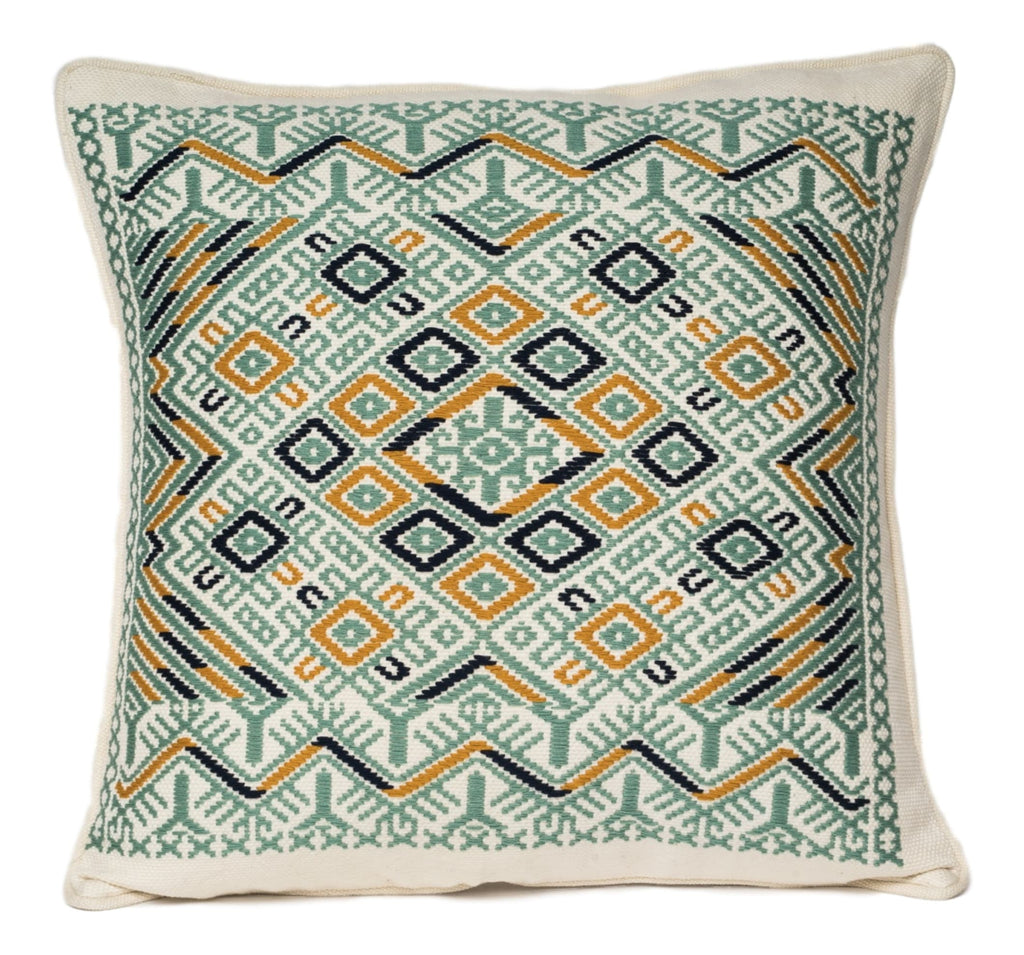 woven pillow from Guatemala, mint, cream, tan, black Fair TRade