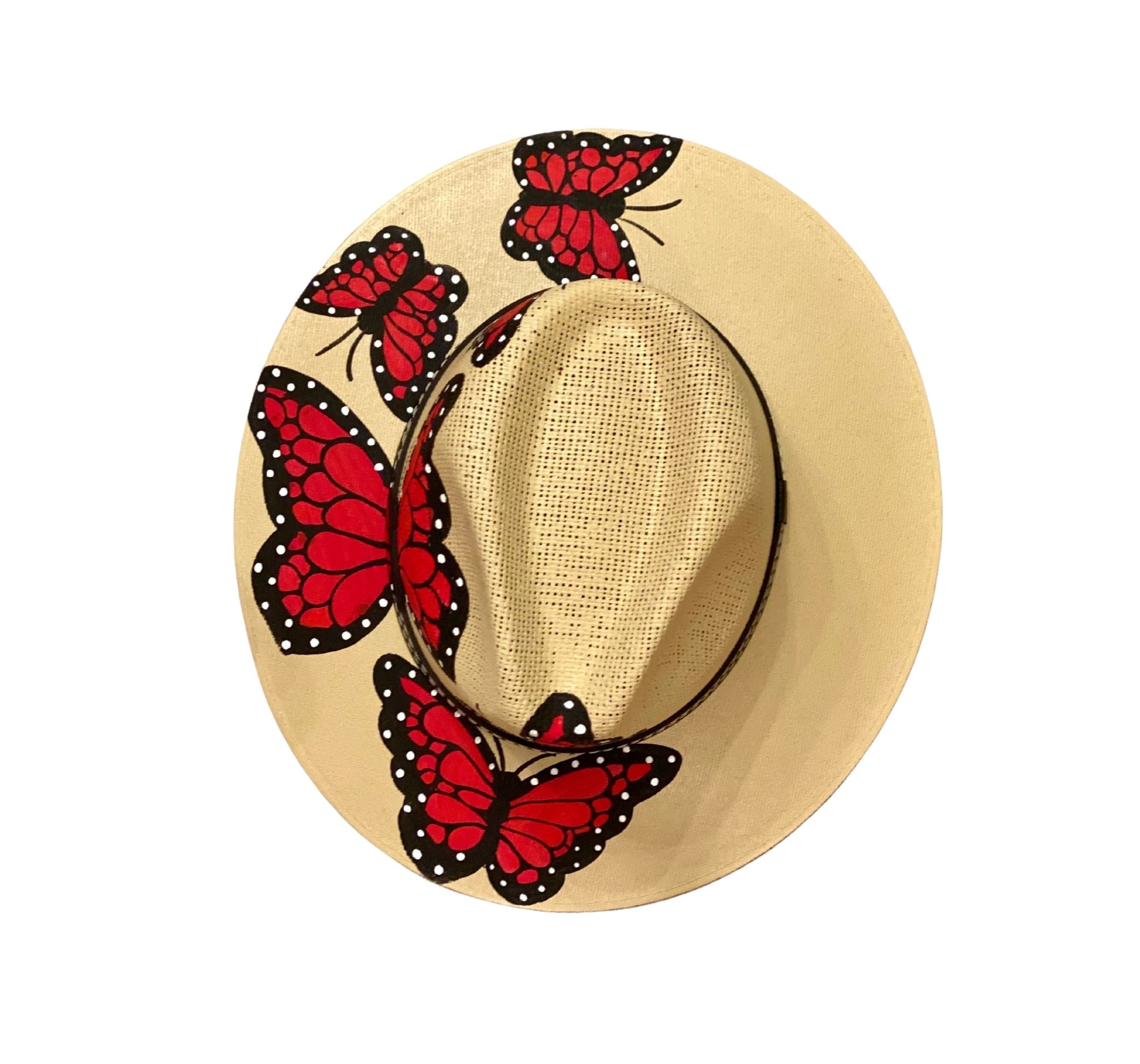 Hand-Painted Hat from Mexico - Butterflies - Straw, Red, Black Medium