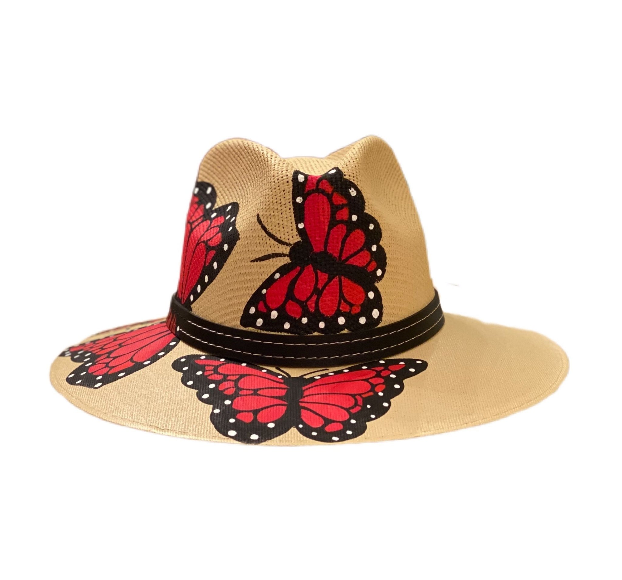 Hand Painted Floral and Butterfly Genuine Panama Straw Hat Size 57 Made to Order - Hand Painted Monarch Butterfly Fedora Hat  main image 2