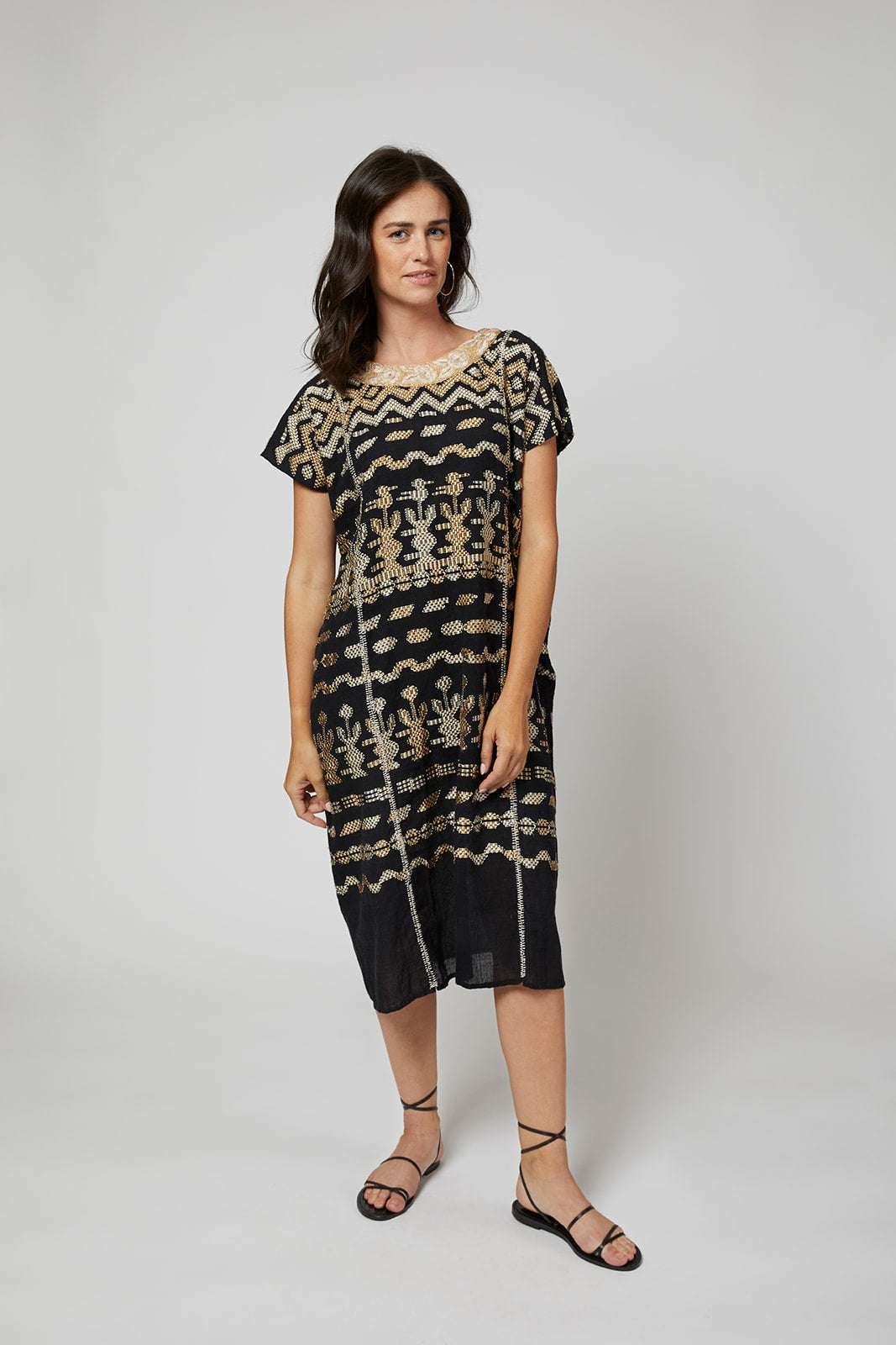 Santa Lucia Hand-Embroidered Guatemalan Caftan - Black, Champagne Santa Lucia Hand-Embroidered Guatemalan Caftan - Black, Champagne
