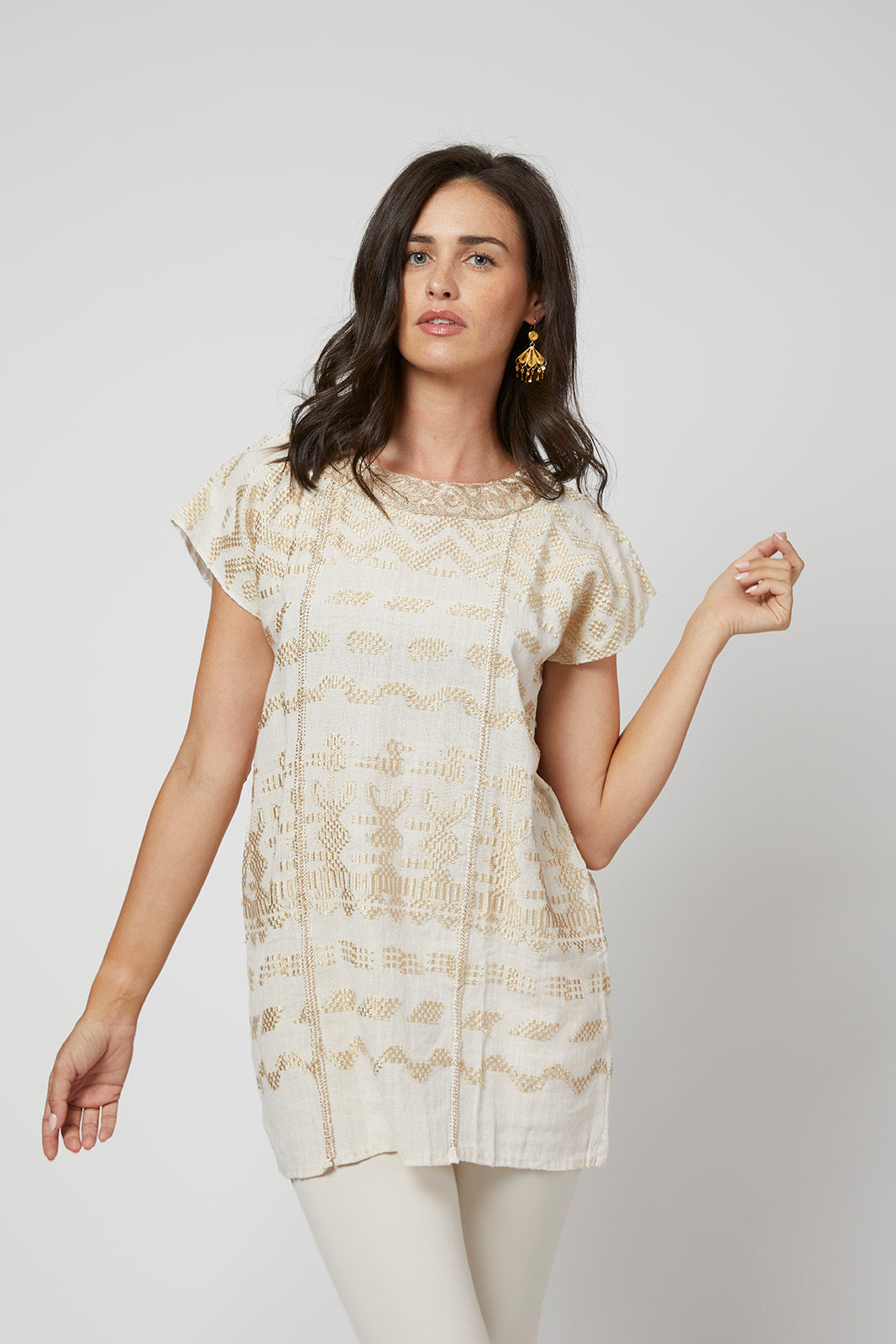 Santa Lucia Embroidered Guatemalan Tunic - Ivory, Champagne Small Santa Lucia Embroidered Guatemalan Tunic - Ivory, Champagne Small