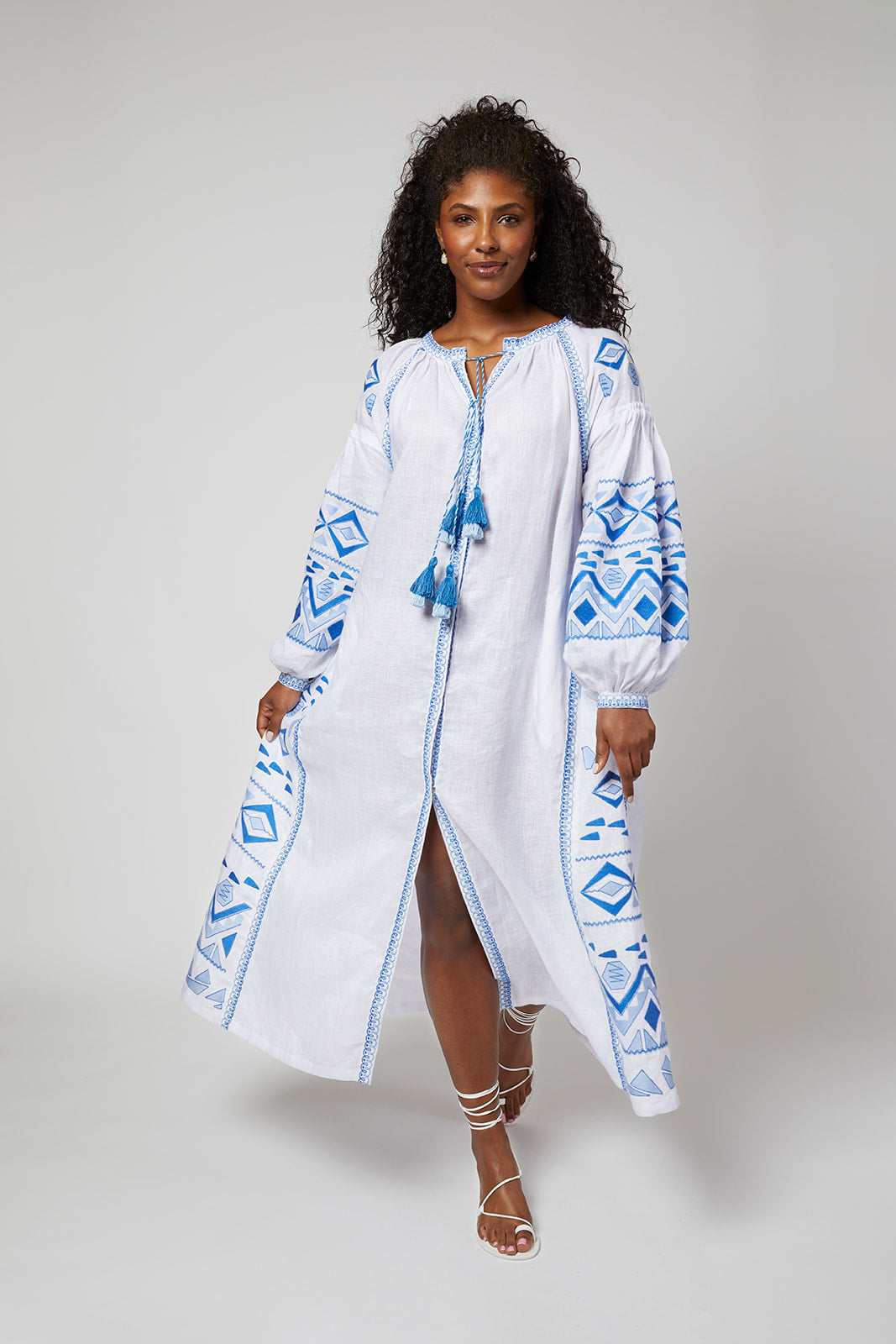 Daniela Ukrainian Embroidered Maxi Dress / Caftan - White, Blue Small Daniela Ukrainian Embroidered Maxi Dress / Caftan - White, Blue Small
