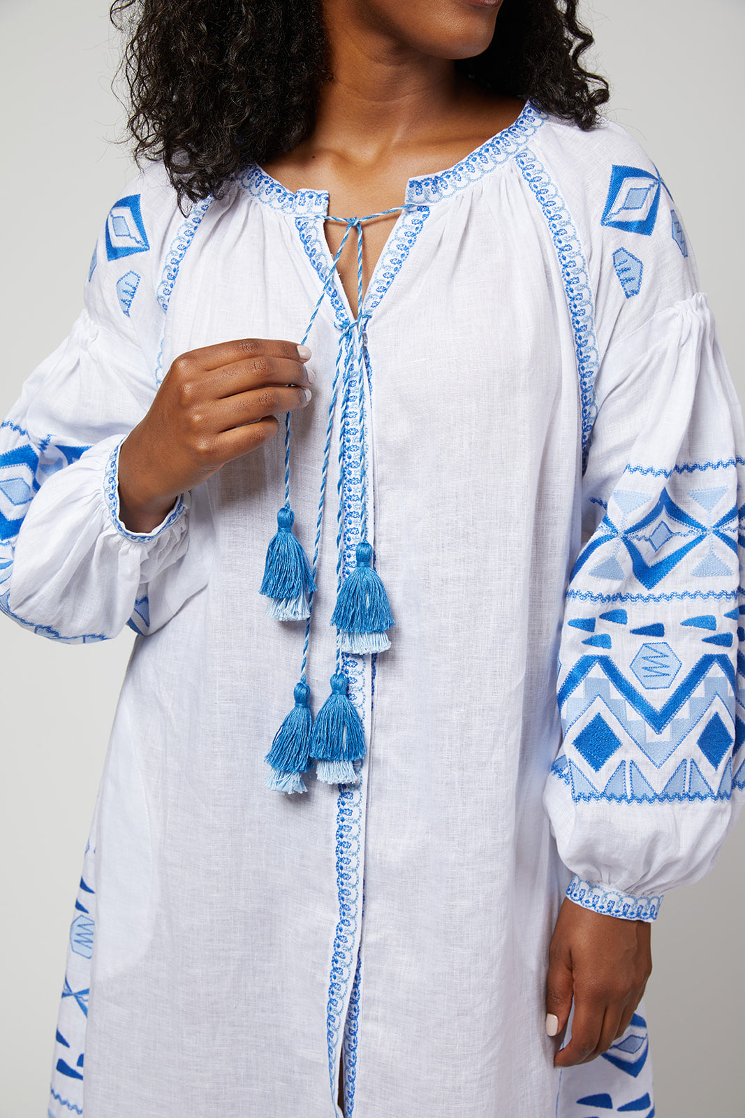 Daniela Ukrainian Embroidered Maxi Dress / Caftan - White, Blue Small Daniela Ukrainian Embroidered Maxi Dress / Caftan - White, Blue Small