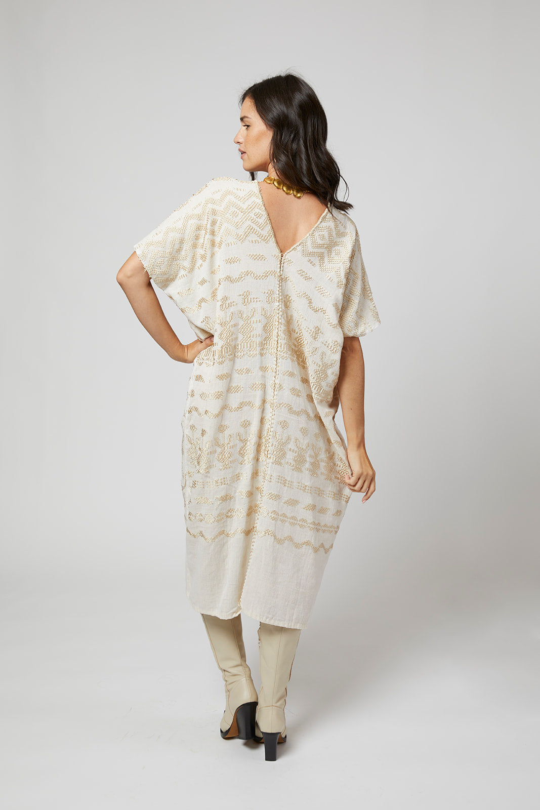 Santa Lucia Hand-Embroidered Guatemalan Caftan - Ivory, Champagne Santa Lucia Hand-Embroidered Guatemalan Caftan - Ivory, Champagne