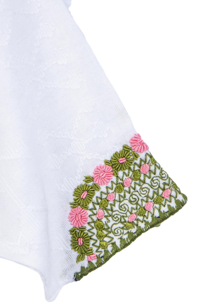 pink and green embroidered blouse with crochet sleeve