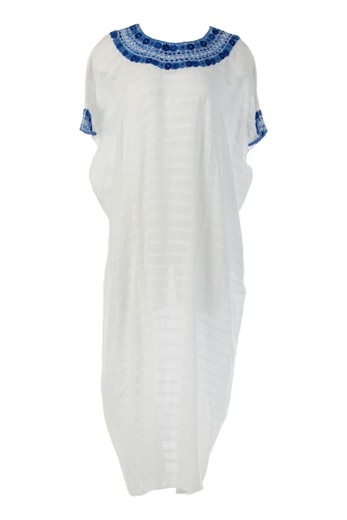 Luisa Hand-Embroidered Guatemalan Caftan - White, Blue Luisa Hand-Embroidered Guatemalan Caftan - White, Blue