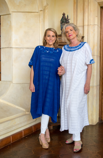 Caftans ethically made in Guatemala, woven by women, white and blue, exquisite embroidery, one size fits most